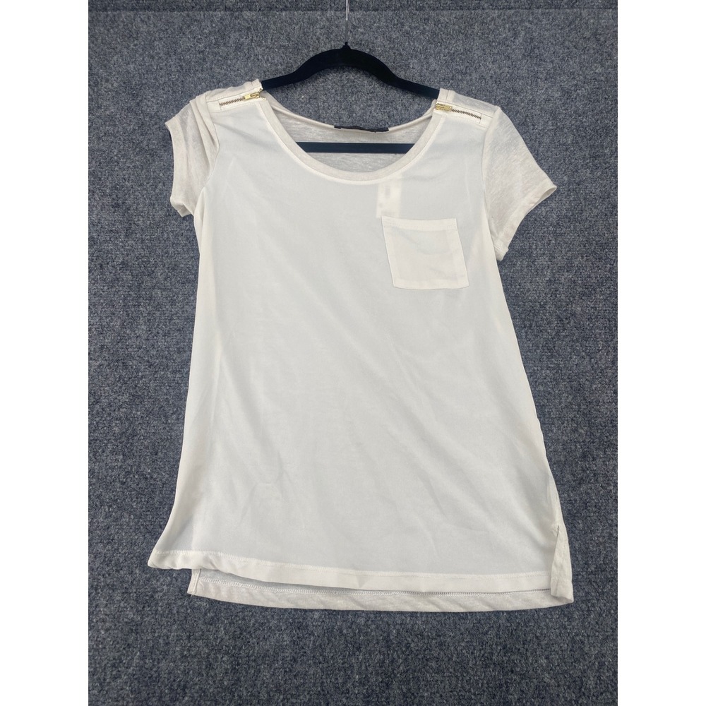 The Limited Mixed Media Zipper Shoulder Top Womens XS Ivory White Pocket Blouse